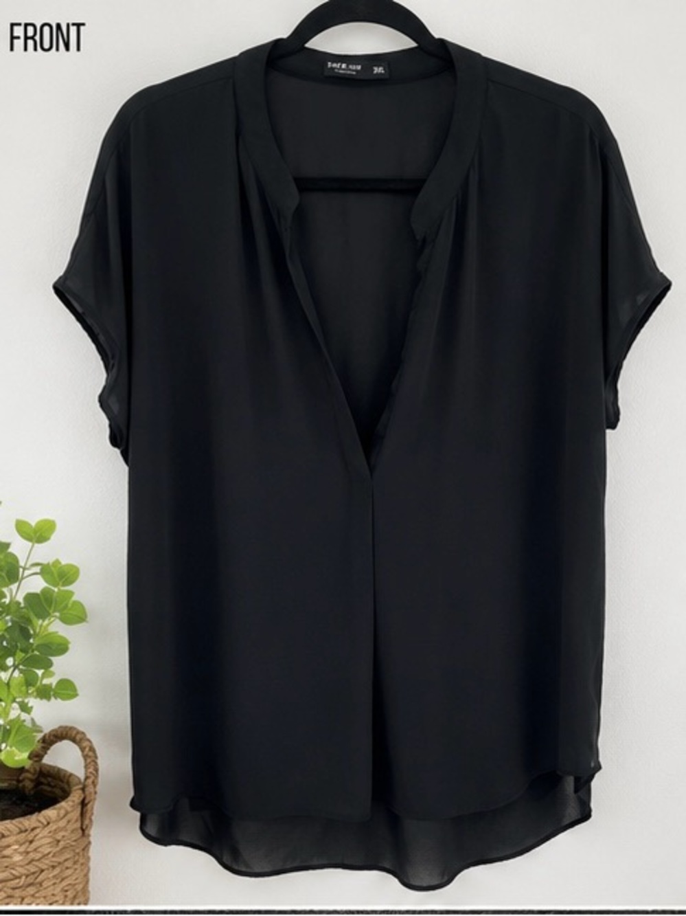 Black V-Neck Short Sleeve Chiffon Blouse - Shein Curve